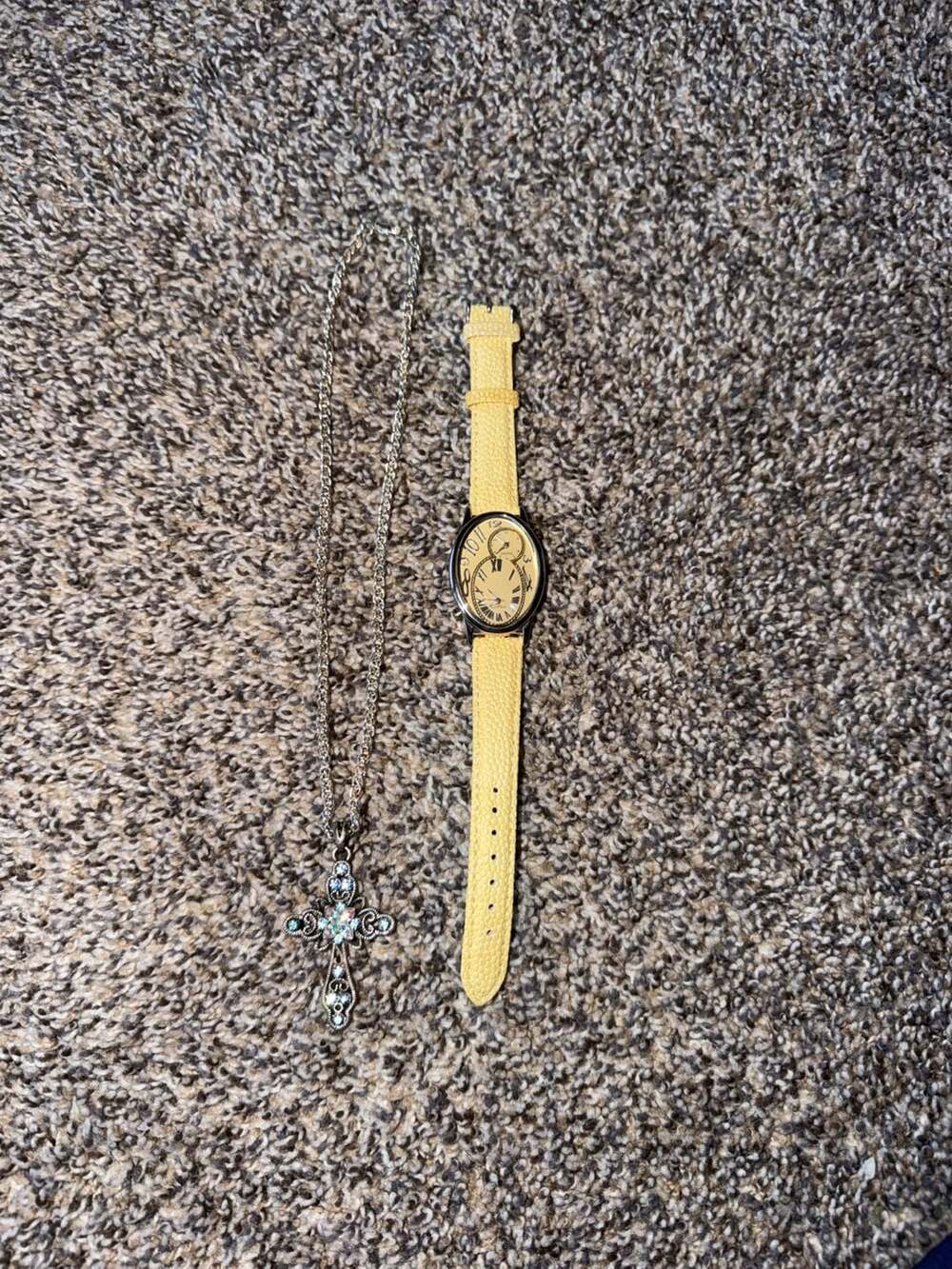 Vintage Style Yellow Textured Strap Watch and Rhinestone Cross Pendant Necklace